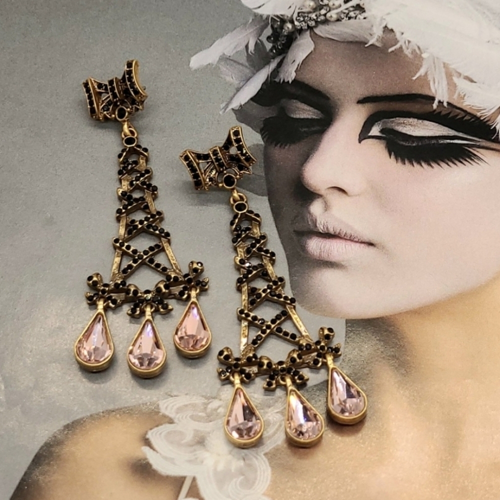Vintage Lydia Courteille Black Crystal Bow Parisienne Gold Dangle Earrings